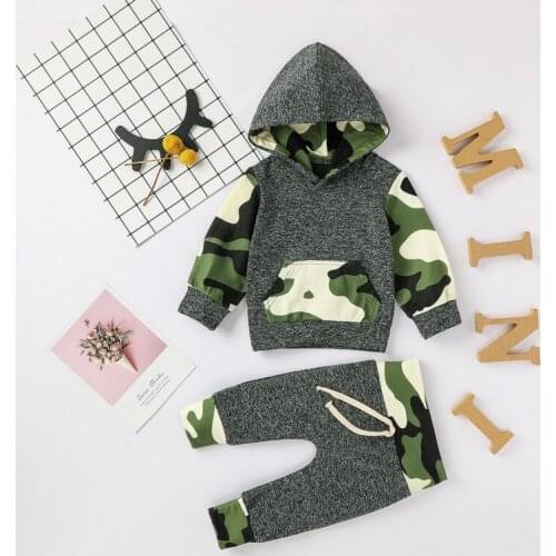 Toddler Baby Boys Clothes Long Sleeves Suits Infant Camouflage Printed Splicing Hooded Tops+pants 2 PCS Sets Kids Outfits 0-12M