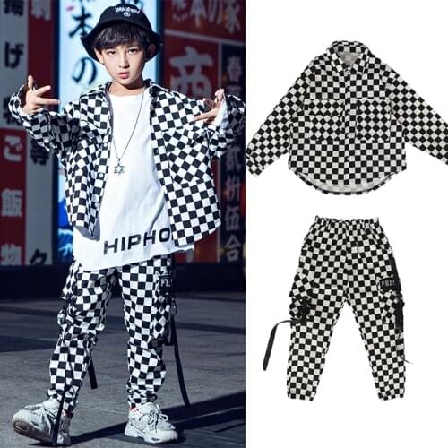 Boys Hip-Hop Suit Black White Grid Clothes Stage Catwalk Childrens Jazz Dance Performance Clothing Girls Street Wear DWY4290
