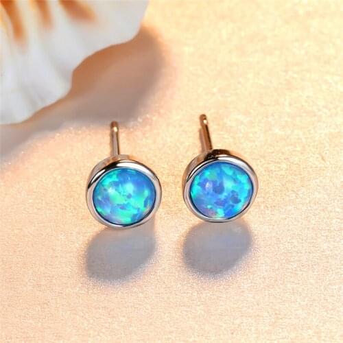 Simple Female 5mm Blue Opal Stone Earrings Dainty Silver Color Wedding Earrings Classic Bride Round Small Stud Earrings For Wome