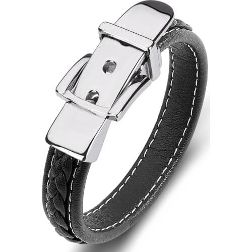 Trendy Jewelry Braided Leather Bracelet Men Stainless Steel Belt Buckle Punk Hand Bangles Wristband for Male Boy Party Gift P170
