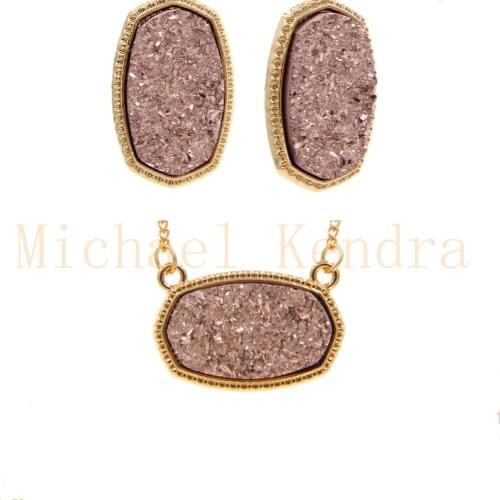 Oval Resin Druzy jewelry set gold color Drusy Hexagon style Pendant Necklace Drop Earrings luxury designer brand for women