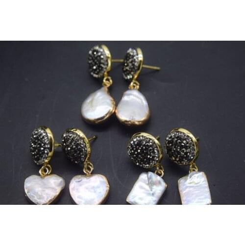 Freshwater pearl WHITE square/HEART/FLAT OVAL ZIRCON hook earrings FPPJ wholesale beads nature