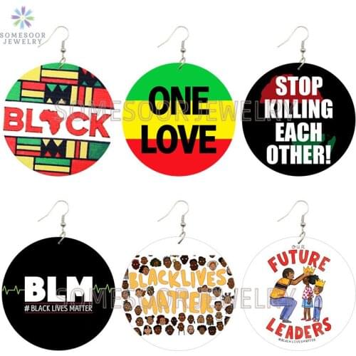 SOMESOOR African Colors One Love Black Lives Matter Designs Printed Wooden Drop Earrings Inspire Sayings Loops For Women Gifts
