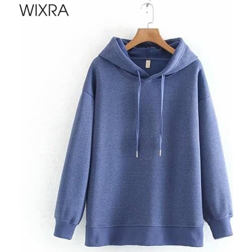 Wixra Womens Casual Sweatshirts Femme Fashion Hooded Solid Korean Autumn Winter Loose Streetwear Pullovers Tops