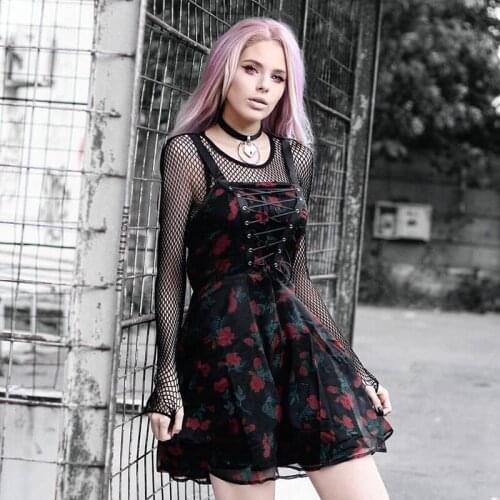 Vintage Lace Up Black Mini Dress Gothic Aesthetic Sleeveless Spaghetti Strap High Waist Floral Print Party Dress