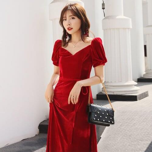 YIGELILA New Arrivals Red Elegant Dress Backless Short Sleeves With Belt Dress A-line Square Collar Wedding Party Dress 65338