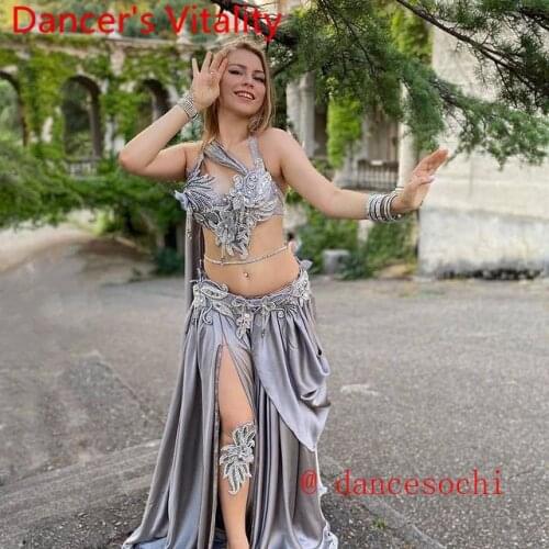 Customized Belly Dance Ribbon Bra Applique Skirt Women Oriental Indian Drum Dance Competition Performance Costume Stage We