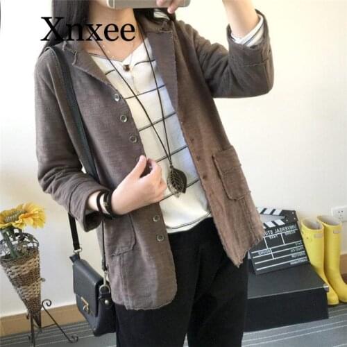 Vintage Suit Jacket Women Oversized Cotton And Linen Lapel Seven Sleeve Casual Blazer Feminino New Spring Shirt Coat elegant