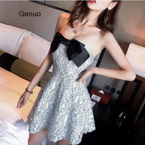 2020 Nightclub Dress Sexy Womens Fashion Strapless Bow Top Low-cut Topless Dresses Zippers Printed Office Ladies Vestido