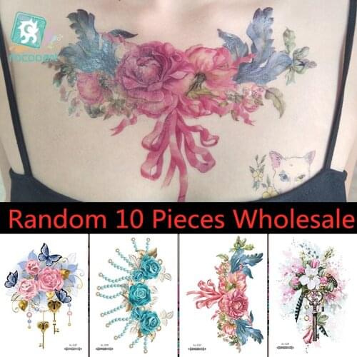 10 PCS Wholesale Temporary Body Decor Beauty Flower Water Transfer Tattoo Sticker Tatuajes Fake Tatoo for Female Art Tatouage