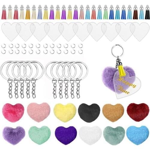 Acrylic Keychain Blanks, DIY Pom Poms Keychains Fluffy, 144Pcs Clear Keychains for Vinyl Kit with Keychain Tassels