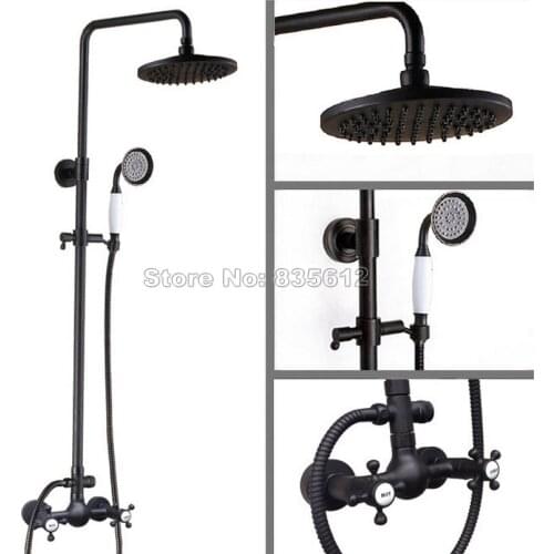 Black Oil Rubbed Bronze Wall Mounted Bathroom Dual Handles Mixer Taps & Rain Shower Faucet Set with Hand Shower Head Wrs494