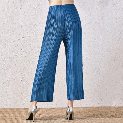 High-waist solid wide-leg pants 2021 autumn women loose thin trousers miyake pleated straight-leg pants casual simple folda pant