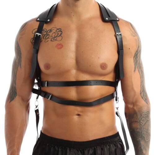 Black Mens Adjustable Buckle PU Leather Harness Punk Gothic Metal O-Ring Haler Body Shoulder Chest Belt for Cosplay Club Party