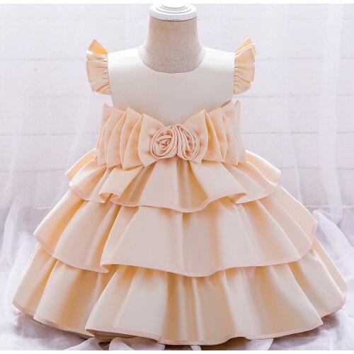 Champagne Cake Gowns Baby 6M-5Y Princess Toddler Kid Child Girl Ballgown Dress Satin Party Wedding Birthday Newborn Dress