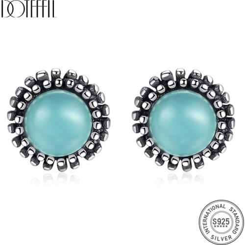 DOTEFFIL New Pure 925 Sterling Silver Stud Earrings for Women Fine Jewelry Round Turquoise Post Earring Joyeria Fina Para Mujer