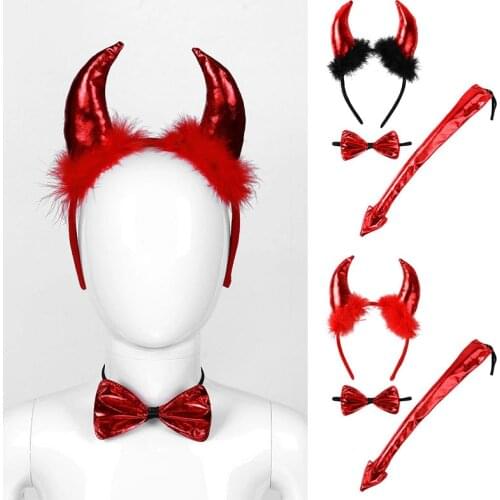 Halloween Red Devil Ears Headband Bow Tie Child Three-Piece Sequin Props With Feather Masquerade Anime Cosplay Party Accessories