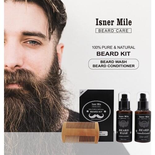 Isner Mile Beard Care Kit Male Mustache Wash Beard Shampoo and Conditioner Beard Comb Brush Set Bearrd Growth Kit 3PCS/SET