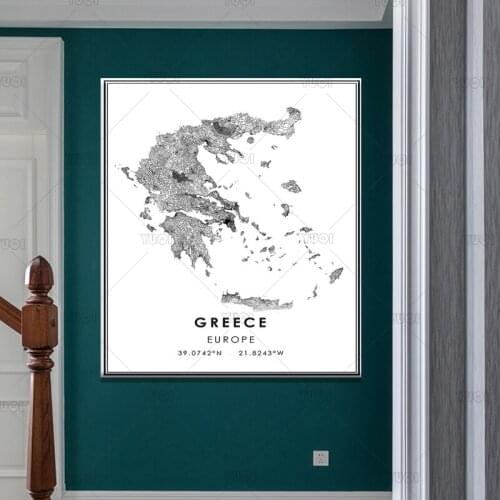 Map print poster canvas poster canvasWorld Map GREECEBlack White MapPoster Picture Art