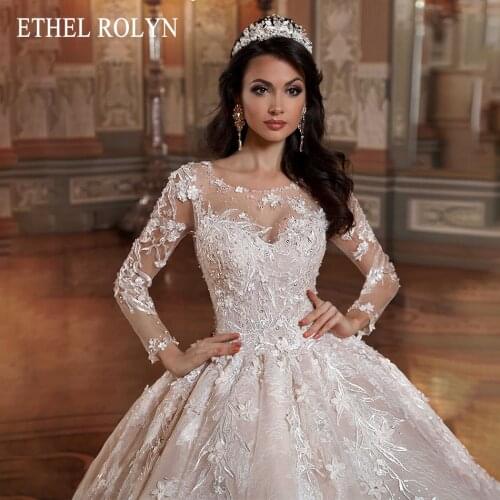 ETHEL ROLYN Lace Ball Gown Wedding Dress 2021 Long Sleeve Bridal Beading Flowers Scoop Princess Bride Dresses Robe De Mariee