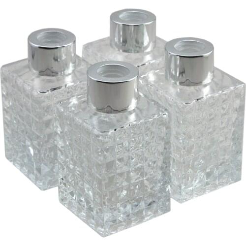 Ougual Set of 4 Diamond Emboss Square Glass Diffuser Bottles, Exquisite Essential Oils Container 100ML