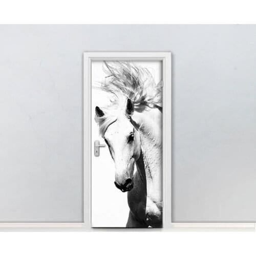 Hot Door Mural Black White Horse Animal Wall Door Sticker DIY Self-adhesive Waterproof Wallpaper Poste for Home Decoration Gift