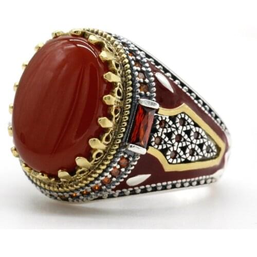 Natural Red Agate Stone 925 Silver Mens Ring Handmade Turkish Jewelry Vintage King Crown CZ Enamel Rings for Women Male Gift