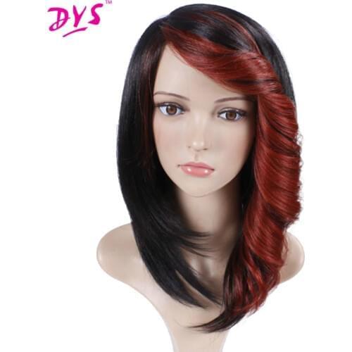 Deyngs Short Straight Synthetic Wig For Women Natural Ombre Black To Red Color Hair With Bangs 180% Heavy Density Heat Resistant
