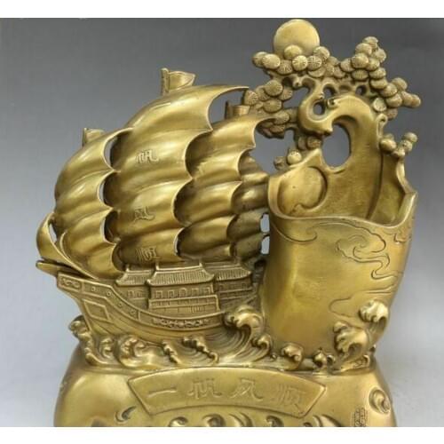 11" Chinese Pure Bronze Dragon Ship Dragonboat Tree Brush Pot Pencil Holder Vase