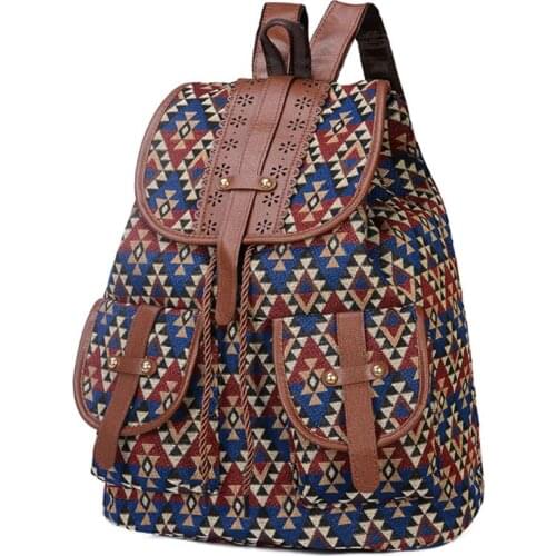 Vintage Print Canvas Ethnic Backpack for Women Girls School Student Backpacks Drawstring Bohemia Travel Rucksack