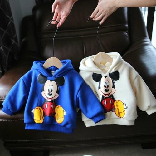 Cartoon Mickey Childrens Hooded Sweatshirt Fall Winter Plus Fleece Boys and Girls Warm Jacket Childrens Tops Baby Base