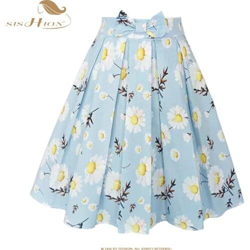SISHION Plus Size Y2K Jupe Pleated Skirts SS0012 50s Vintage Cotton Floral Daisy Printed Light Blue Summer Skirt with Pockets