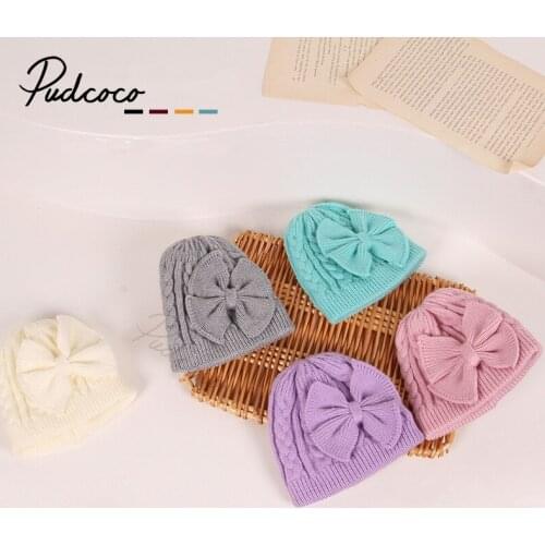 0-2Years Baby Gilrs Knitted Bowknot Hats Winter Warm Soft Solid Caps Lovely Beanies