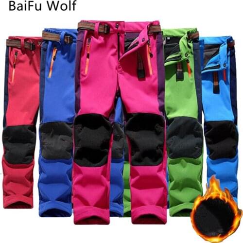 Waterproof Tourism Camping Ski Pants Kids Outdoor Windproof Pants Boys Girls Fleece Winter Warm Hiking Pants Trouser Children