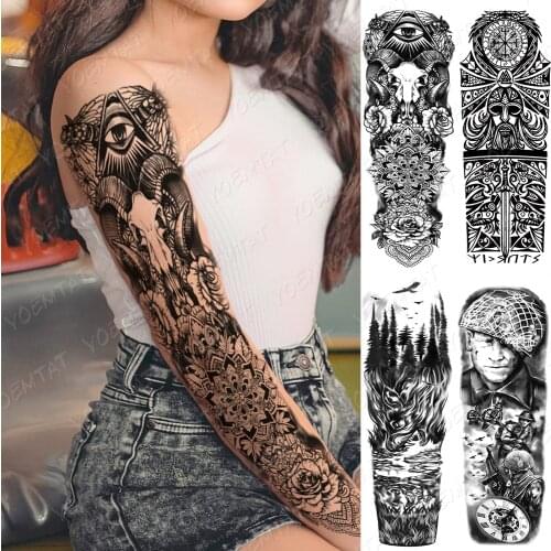 Waterproof Temporary Full Arm Tattoo Sticker Tribal Totem Compass Maori Skull Flash Tattoos Man Body Art Fake Sleeve Tatoo Women