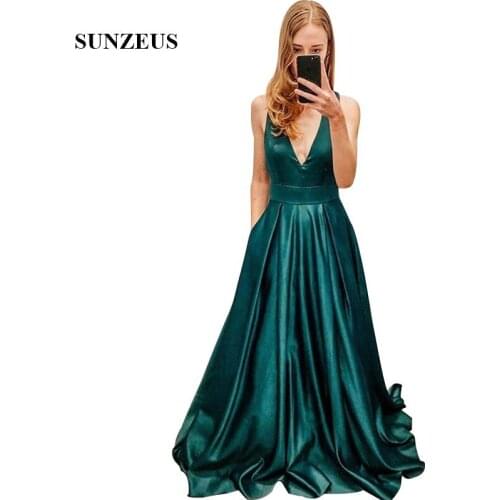Green Satin Prom Dresses Criss-cross Straps Back With Bow A-line Long Girls Party Gowns V-neck Simple Special Occasion Dress