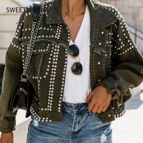 European and American Womens Denim Rivet Female Jacket Street Fighter Motorcycle Style Solid Color Short Jacket 2021