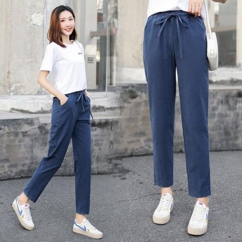 Womens Summer Pants Cotton Linen Solid Elastic waist Candy Colors Harem Trousers Soft high quality for Female ladys S-XXL