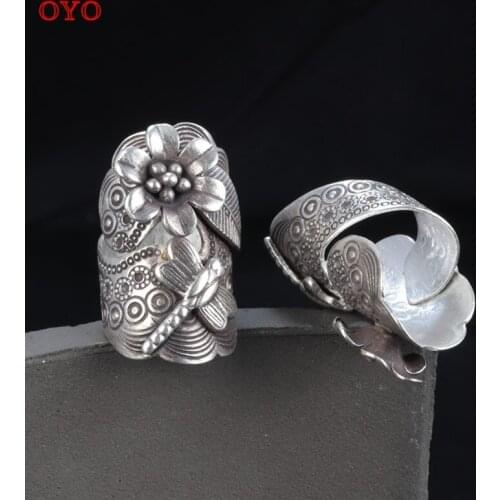Thailand Chiang Mai handmade S925 sterling silver dragonfly leaf flower wide version exaggerated Thai silver ring female opening