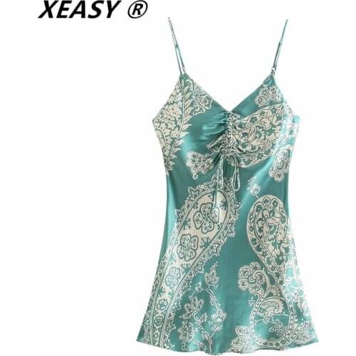 XEASY Women Vintage Totem Floral Print Casual Sling Mini Dress Female Chic Spaghetti Strap Lace Up Summer Inner Vestidos