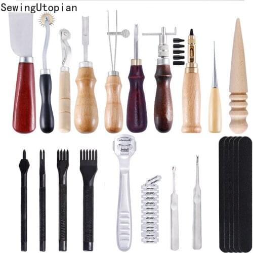 19PCS DIY Leather Craft Sewing DIY Hand Stitching Groover Awl Edge Creaser Mat Tools for Leather Working Leather Craft Tools