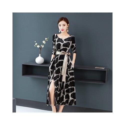 2021 Velvet Dress Jacquard Retro Party Dresses Plus Size Vintage Loose Vestidos Maxi Dress Black 4xl Print High Split Sexy Robe