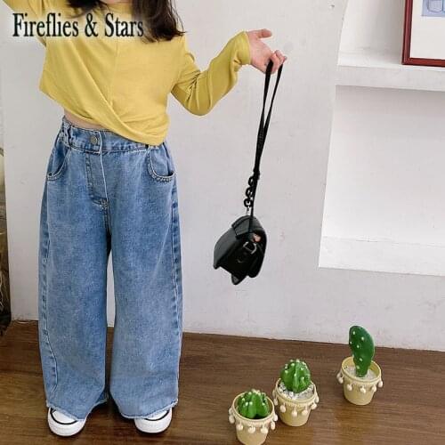 Spring Autumn Girls Denim Pants Baby Trousers Kids Bottoms Children Pants Fashion Streetwear Wide Leg Ripped Bottoms 2 To 7 Yrs