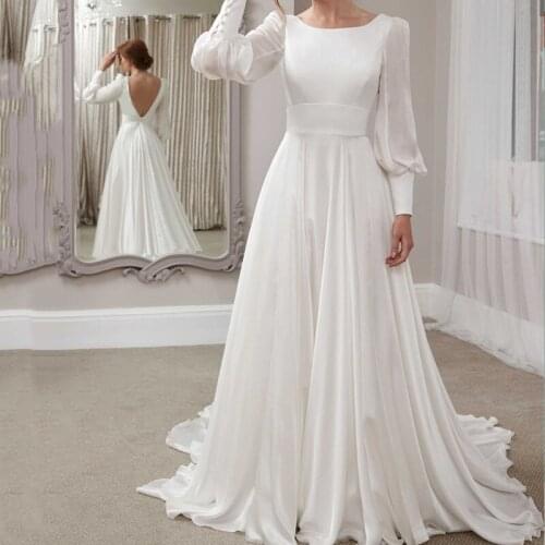 Elegant O-Neck Wedding Dress 2021 Long Lantern Sleeve Floor-Length Satin Backless Zipper Simple Bride Gown Robe De Mariee