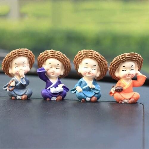 4pcs Figurine Crafts Home Accessories Buddha Statue Monk With Straw Hat Ornaments Mini Chinese Style Creative Car Decorative