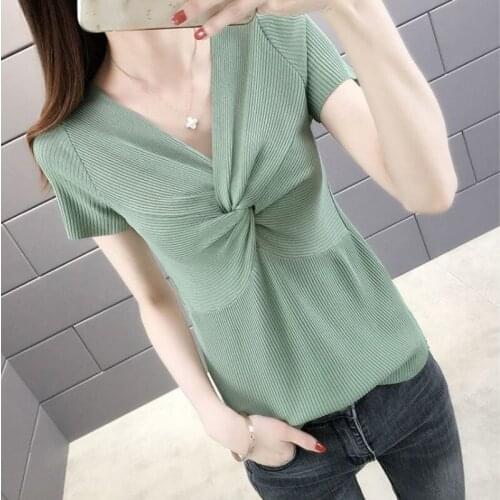 Short Sleeve Sexy Slim T-shirt Women Summer Beach Tops Stretch Knitted Fashion Casual Short Sleeve Slim V-Neck Solid Color