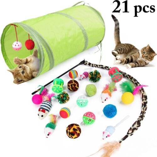 Cat Toy 21Pcs/Set Pet Kit Collapsible Tunnel Cat toy Fun Bell Feather Mice Shape Pet Kitten Dog Cat Interactive Play Supplies