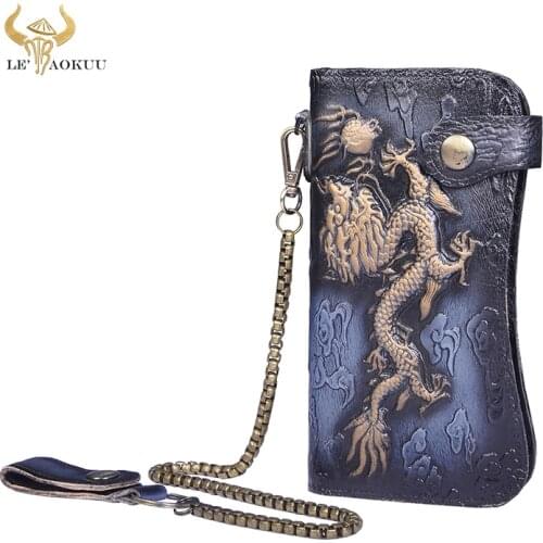 Quality Unisex Genuine leather Dargon Emboss Fashion Checkbook Iron Chain Organizer Wallet Purse Design Clutch Handbag 1088-GT