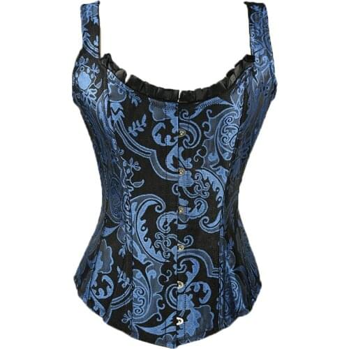 Floral Corset Tops Blue Corselette With Thong Lace Up Bustiers Gothic Corset Adjustable Bodice Steampunk Party Gothic Clothing