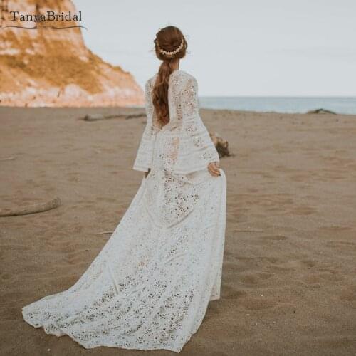 Lace A Line Wedding Dresses Flare sleeve V-Neck Beach Boho Bridal Gowns Elegant Vestido de noivas DW455